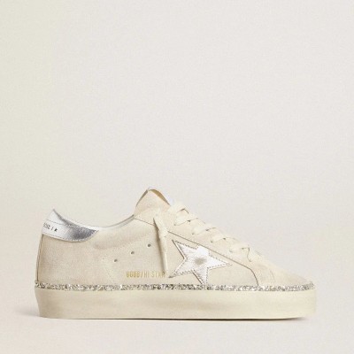 Golden Goose Hi Star In Suede With Silver Metallic Leather Star And Heel Tab Golden Goose Hi Star In Suede With Silver Metallic Leather Star And Heel Tab