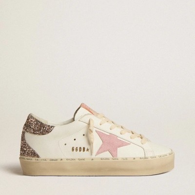 Golden Goose Hi Star In White Leather With Pink Suede Star And Pink Glitter Heel Tab Golden Goose Hi Star In White Leather With Pink Suede Star And Pink Glitter Heel Tab