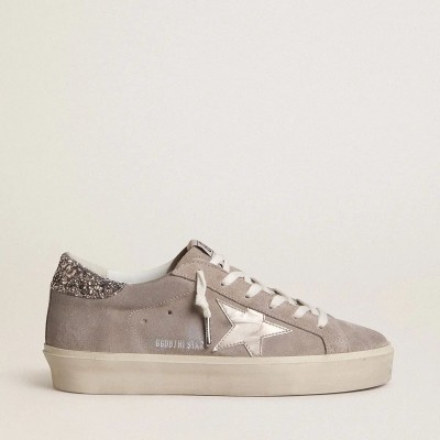 Golden Goose Hi Star Sneakers In Beige Suede With Laminated Leather Star And Glitter Heel Tab Golden Goose Hi Star Sneakers In Beige Suede With Laminated Leather Star And Glitter Heel Tab