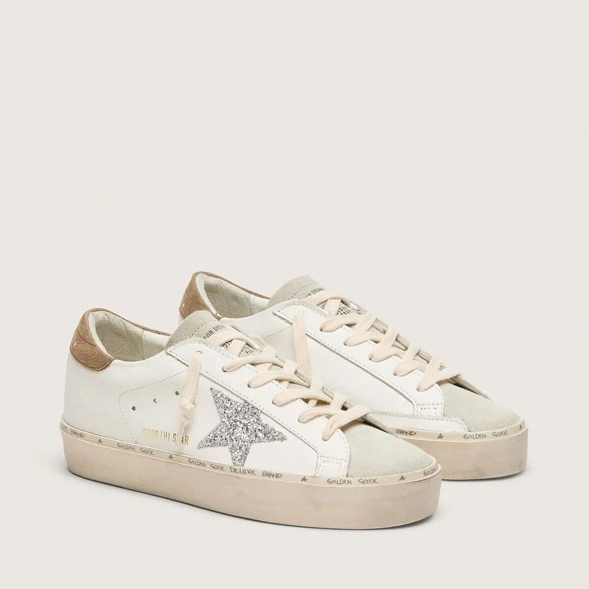 Golden Goose Hi Star With Silver Glitter Star And Dove-Gray Nubuck Heel Tab Golden Goose Hi Star With Silver Glitter Star And Dove-Gray Nubuck Heel Tab