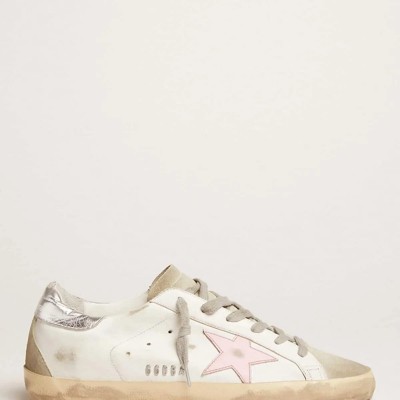 Golden Goose Leather Super-Star With Pink Star And Silver Heel Tab Golden Goose Leather Super-Star With Pink Star And Silver Heel Tab