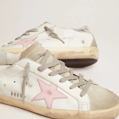 Golden Goose Leather Super-Star With Pink Star And Silver Heel Tab Golden Goose Leather Super-Star With Pink Star And Silver Heel Tab