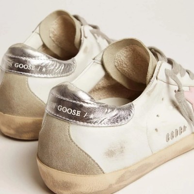 Golden Goose Leather Super-Star With Pink Star And Silver Heel Tab Golden Goose Leather Super-Star With Pink Star And Silver Heel Tab