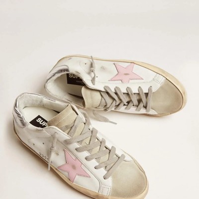 Golden Goose Leather Super-Star With Pink Star And Silver Heel Tab Golden Goose Leather Super-Star With Pink Star And Silver Heel Tab