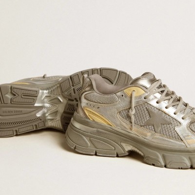 Golden Goose Lightstar In Metallic Leather And Silver Mesh With Gray Star Golden Goose Lightstar In Metallic Leather And Silver Mesh With Gray Star