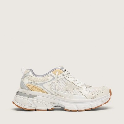 Golden Goose Lightstar In White Leather And Mesh With Worn-White Star Golden Goose Lightstar In White Leather And Mesh With Worn-White Star