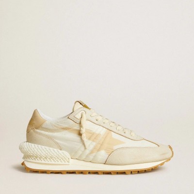 Golden Goose Marathon In Beige Nylon And Gray Leather With Beige Printed Star Golden Goose Marathon In Beige Nylon And Gray Leather With Beige Printed Star