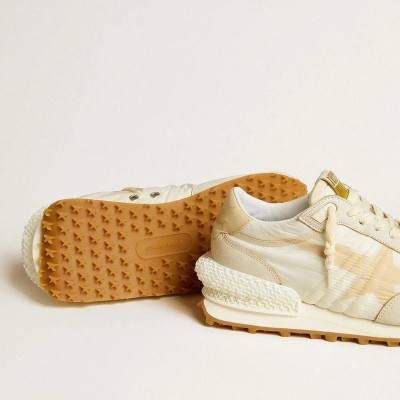 Golden Goose Marathon In Beige Nylon And Gray Leather With Beige Printed Star Golden Goose Marathon In Beige Nylon And Gray Leather With Beige Printed Star