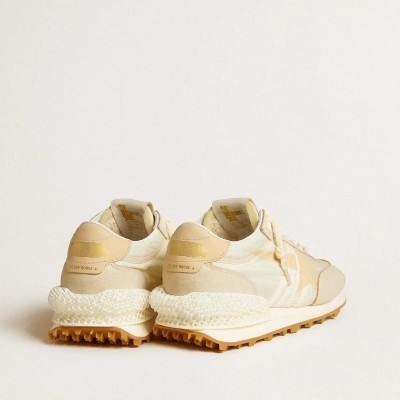 Golden Goose Marathon In Beige Nylon And Gray Leather With Beige Printed Star Golden Goose Marathon In Beige Nylon And Gray Leather With Beige Printed Star