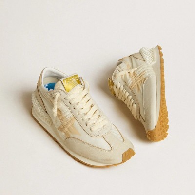 Golden Goose Marathon In Beige Nylon And Gray Leather With Beige Printed Star Golden Goose Marathon In Beige Nylon And Gray Leather With Beige Printed Star
