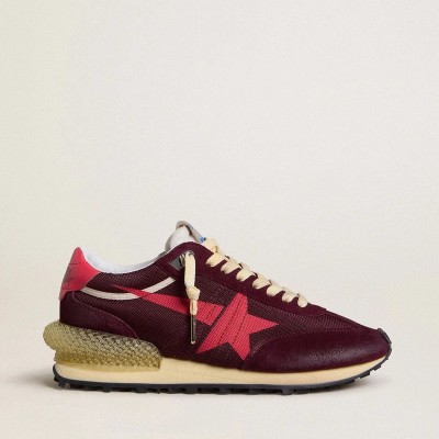Golden Goose Marathon In Burgundy Mesh And Suede With Printed Pink Star Golden Goose Marathon In Burgundy Mesh And Suede With Printed Pink Star