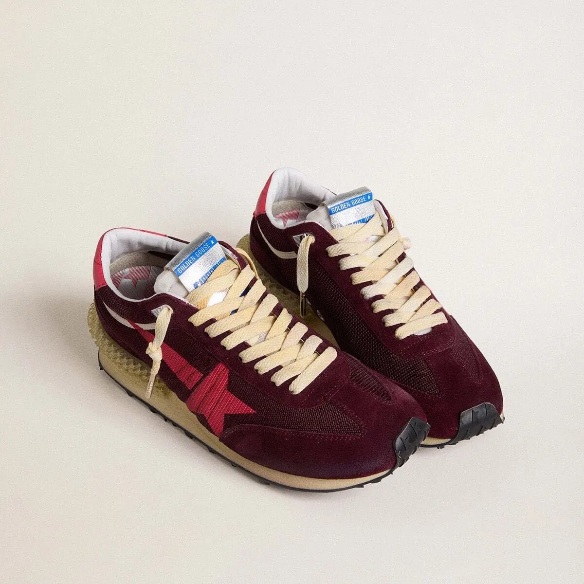 Golden Goose Marathon In Burgundy Mesh And Suede With Printed Pink Star Golden Goose Marathon In Burgundy Mesh And Suede With Printed Pink Star