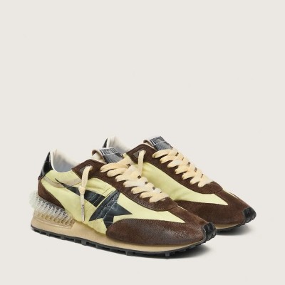 Golden Goose Marathon In Lime-Green Nylon With Black Star And Brown Suede Inserts Golden Goose Marathon In Lime-Green Nylon With Black Star And Brown Suede Inserts
