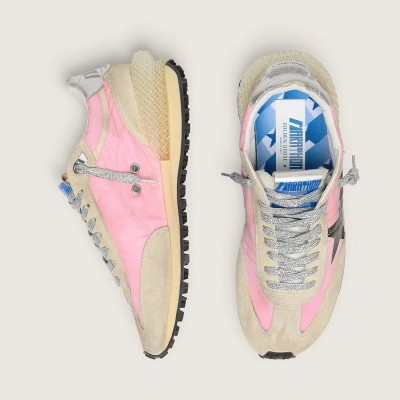 Golden Goose Marathon In Pink Nylon And Beige Suede With Black Printed Star Golden Goose Marathon In Pink Nylon And Beige Suede With Black Printed Star