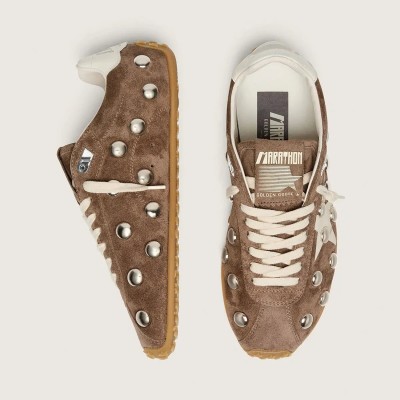 Golden Goose Marathon Speed In Anthracite-Gray Suede With White Star And Metal Studs Golden Goose Marathon Speed In Anthracite-Gray Suede With White Star And Metal Studs