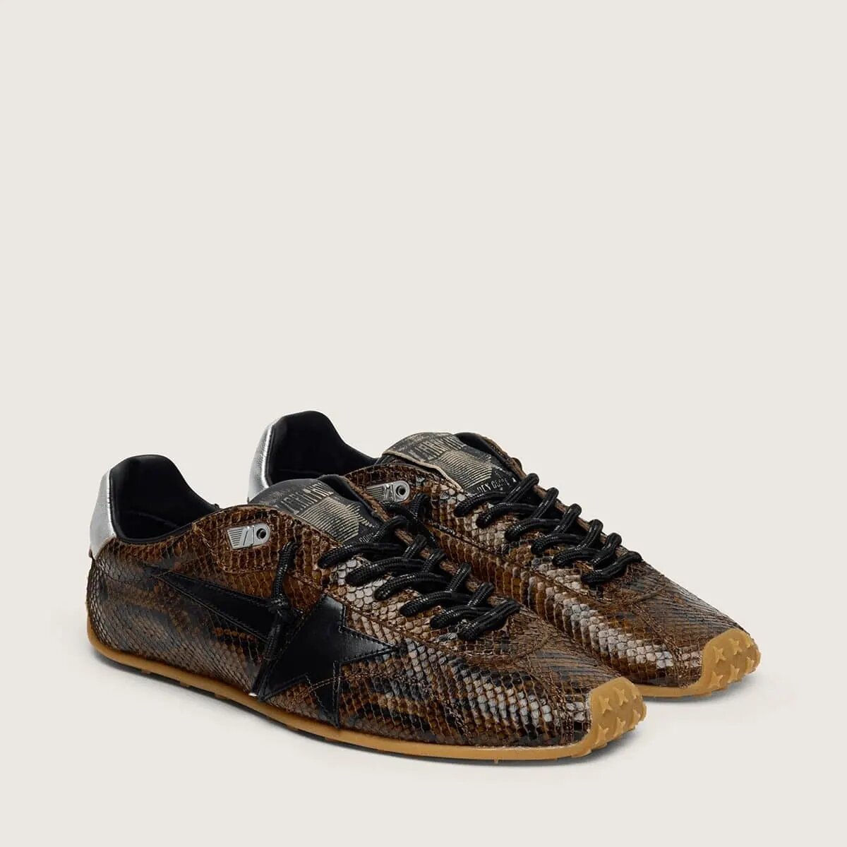 Golden Goose Marathon Speed In Leather With Brown Snake Print, Black Star And Silver Leather Heel Tab Golden Goose Marathon Speed In Leather With Brown Snake Print, Black Star And Silver Leather Heel Tab