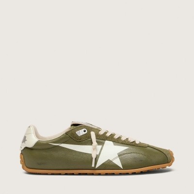 Golden Goose Marathon Speed In Olive-Green Leather With Cream Star Golden Goose Marathon Speed In Olive-Green Leather With Cream Star