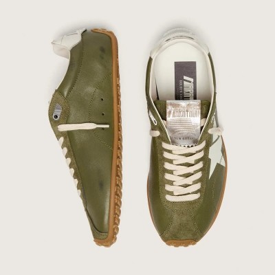 Golden Goose Marathon Speed In Olive-Green Leather With Cream Star Golden Goose Marathon Speed In Olive-Green Leather With Cream Star