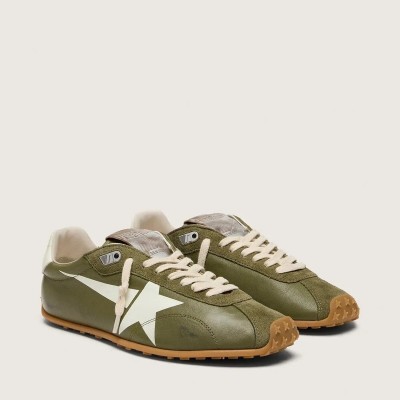 Golden Goose Marathon Speed In Olive-Green Leather With Cream Star Golden Goose Marathon Speed In Olive-Green Leather With Cream Star