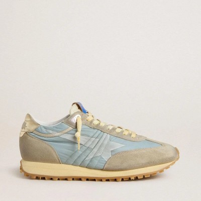Golden Goose Marathon With Light Blue Nylon Upper And Pastel Blue Star Golden Goose Marathon With Light Blue Nylon Upper And Pastel Blue Star