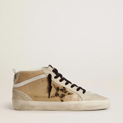 Golden Goose Mid Star In Beige Naplak Leather With Leopard-Print Pony Skin Star Golden Goose Mid Star In Beige Naplak Leather With Leopard-Print Pony Skin Star