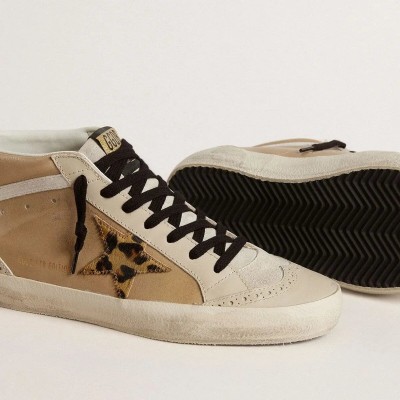 Golden Goose Mid Star In Beige Naplak Leather With Leopard-Print Pony Skin Star Golden Goose Mid Star In Beige Naplak Leather With Leopard-Print Pony Skin Star