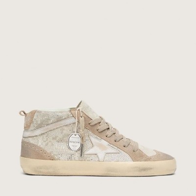 Golden Goose Mid Star In Beige Suede With Silver Swarovski And White Leather Star