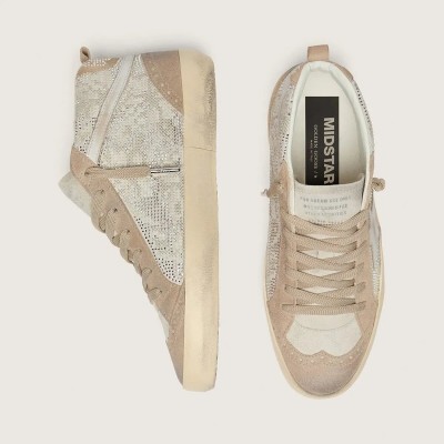 Golden Goose Mid Star In Beige Suede With Silver Swarovski And White Leather Star