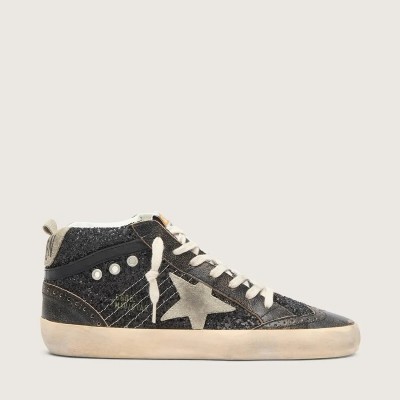 Golden Goose Mid Star In Black Glitter With Dove-Gray Suede Star And Heel Tab