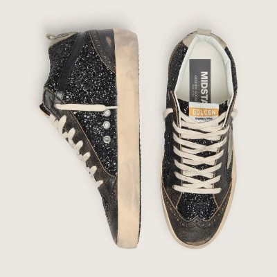 Golden Goose Mid Star In Black Glitter With Dove-Gray Suede Star And Heel Tab