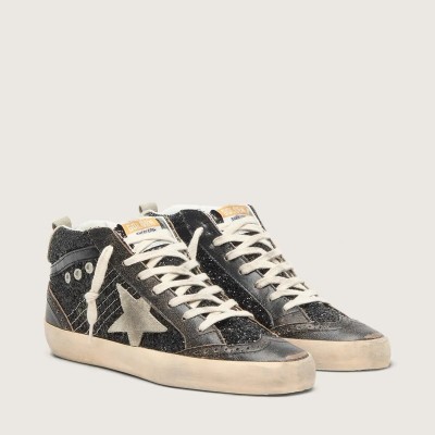 Golden Goose Mid Star In Black Glitter With Dove-Gray Suede Star And Heel Tab Golden Goose Mid Star In Black Glitter With Dove-Gray Suede Star And Heel Tab