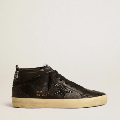 Golden Goose Mid Star In Black Nappa With Black Glitter Star And Suede Flash Golden Goose Mid Star In Black Nappa With Black Glitter Star And Suede Flash