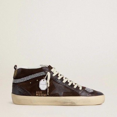 Golden Goose Mid Star In Brown Suede With Leather Star And Swarovski Crystal Flash