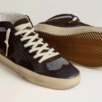 Golden Goose Mid Star In Brown Suede With Leather Star And Swarovski Crystal Flash