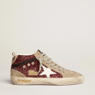 Golden Goose Mid Star In Burgundy Glitter With Gray Inserts And White Star Golden Goose Mid Star In Burgundy Glitter With Gray Inserts And White Star