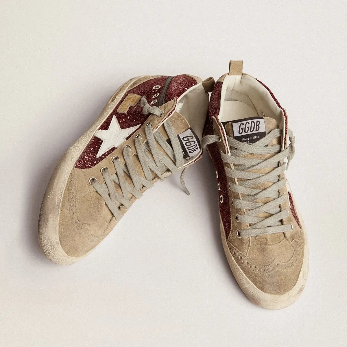 Golden Goose Mid Star In Burgundy Glitter With Gray Inserts And White Star Golden Goose Mid Star In Burgundy Glitter With Gray Inserts And White Star