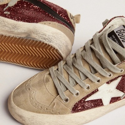 Golden Goose Mid Star In Burgundy Glitter With Gray Inserts And White Star Golden Goose Mid Star In Burgundy Glitter With Gray Inserts And White Star