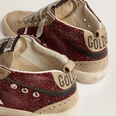 Golden Goose Mid Star In Burgundy Glitter With Gray Inserts And White Star Golden Goose Mid Star In Burgundy Glitter With Gray Inserts And White Star