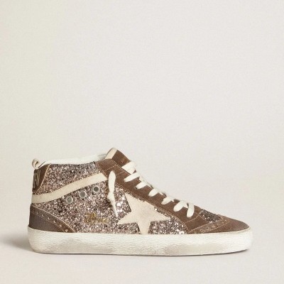 Golden Goose Mid Star In Glitter With Pearl Suede Star And Brown Suede Inserts Golden Goose Mid Star In Glitter With Pearl Suede Star And Brown Suede Inserts