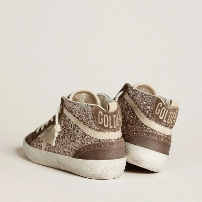 Golden Goose Mid Star In Glitter With Pearl Suede Star And Brown Suede Inserts Golden Goose Mid Star In Glitter With Pearl Suede Star And Brown Suede Inserts