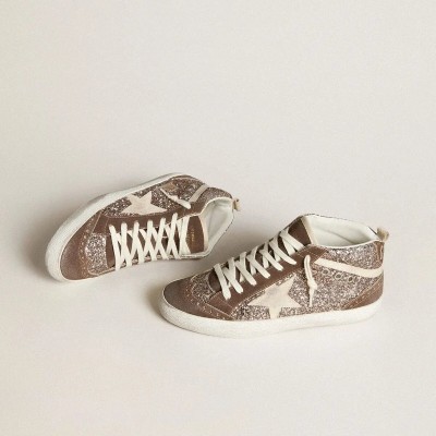 Golden Goose Mid Star In Glitter With Pearl Suede Star And Brown Suede Inserts Golden Goose Mid Star In Glitter With Pearl Suede Star And Brown Suede Inserts