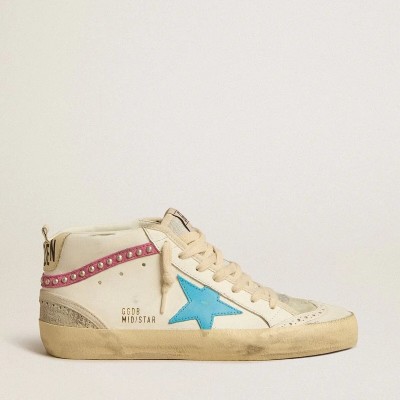 Golden Goose Mid Star In Leather With Light Blue Star And Fuchsia Suede Flash With Platinum Studs