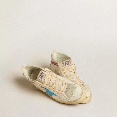 Golden Goose Mid Star In Leather With Light Blue Star And Fuchsia Suede Flash With Platinum Studs Golden Goose Mid Star In Leather With Light Blue Star And Fuchsia Suede Flash With Platinum Studs
