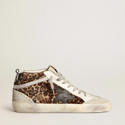 Golden Goose Mid Star In Leopard Print Pony Skin With Black Star Golden Goose Mid Star In Leopard Print Pony Skin With Black Star