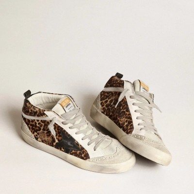 Golden Goose Mid Star In Leopard Print Pony Skin With Black Star Golden Goose Mid Star In Leopard Print Pony Skin With Black Star