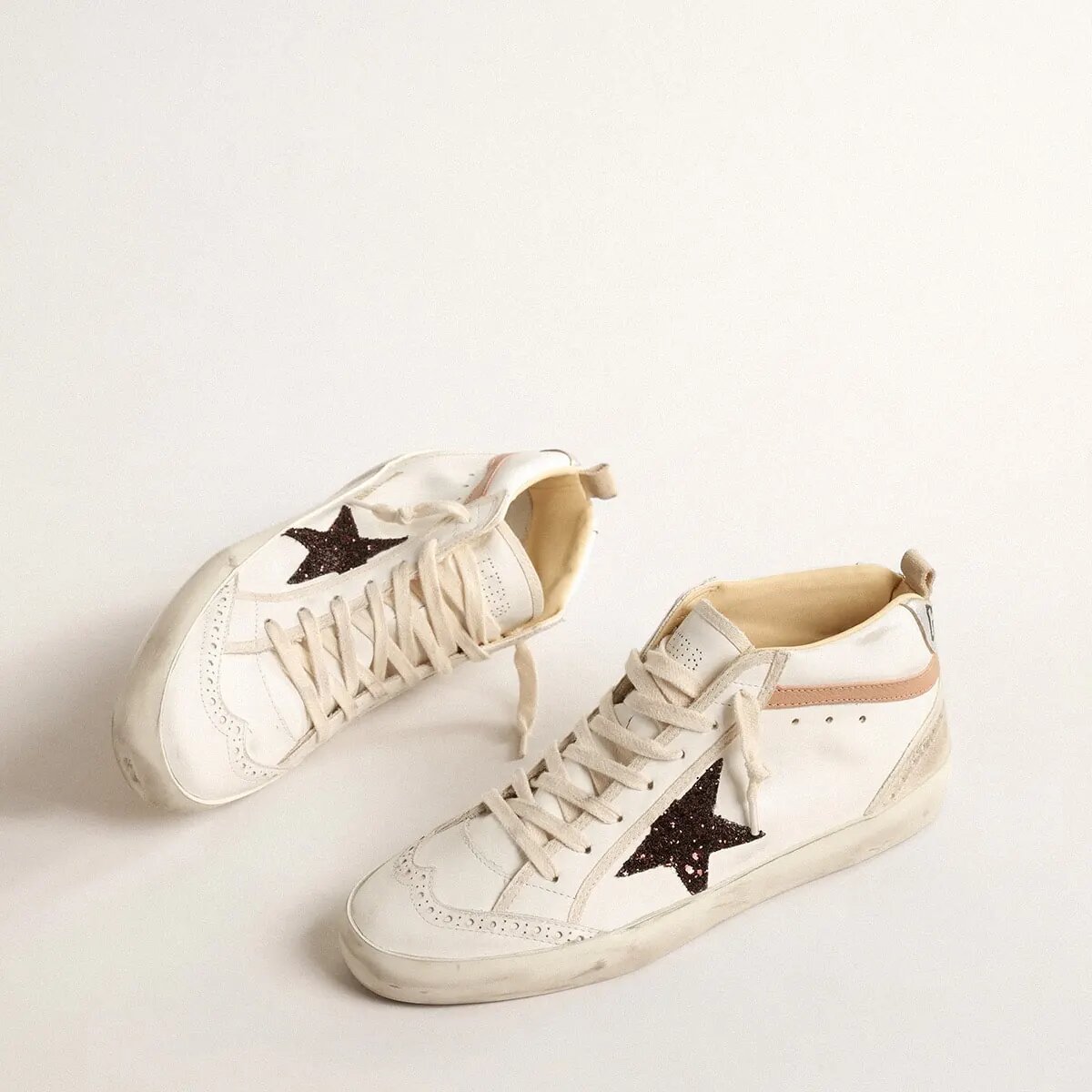 Golden Goose Mid Star In Nappa With Glitter Star And Nude Leather Flash Golden Goose Mid Star In Nappa With Glitter Star And Nude Leather Flash