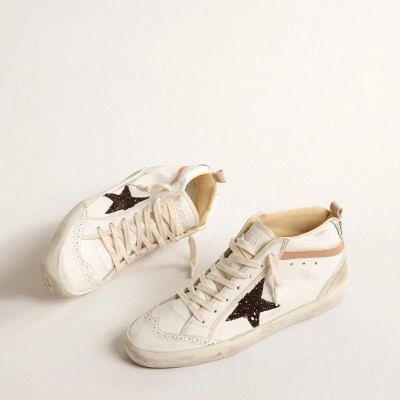 Golden Goose Mid Star In Nappa With Glitter Star And Nude Leather Flash Golden Goose Mid Star In Nappa With Glitter Star And Nude Leather Flash