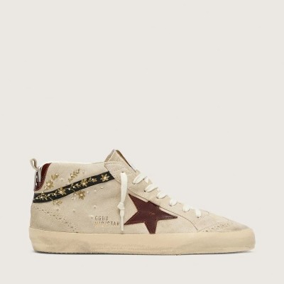 Golden Goose Mid Star In Pearl Suede With Burgundy Leather Star And Pearl And Embroidery Inserts
