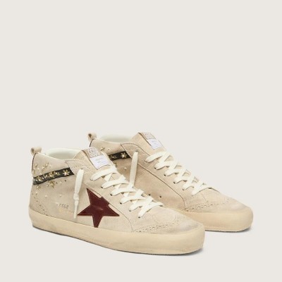 Golden Goose Mid Star In Pearl Suede With Burgundy Leather Star And Pearl And Embroidery Inserts Golden Goose Mid Star In Pearl Suede With Burgundy Leather Star And Pearl And Embroidery Inserts