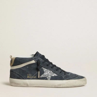 Golden Goose Mid Star In Petrol-Blue Suede With Silver Glitter Star And Cotton Flash
